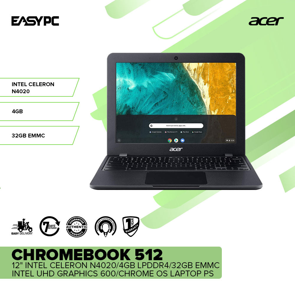 Acer Chromebook 512 12" Intel Celeron N4020/4GB LPDDR4/32GB eMMC/Intel UHD Graphics 600/Chrome OS Laptop PS