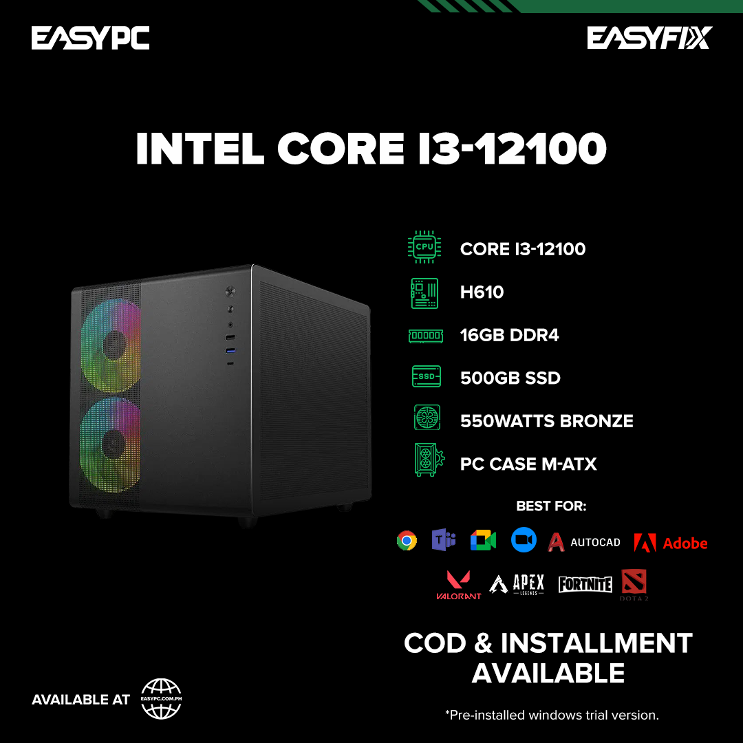 Core i3 12100 / H610 / 16GB DDR4 / 500GB SSD / 550W Power Supply/ PC Case M-ATX