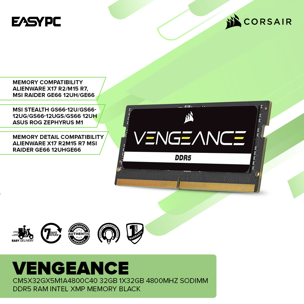 Corsair Vengeance CMSX32GX5M1A4800C40 32GB 1x32GB 4800MHz SODIMM DDR5 RAM Intel XMP Memory Black - Image 2