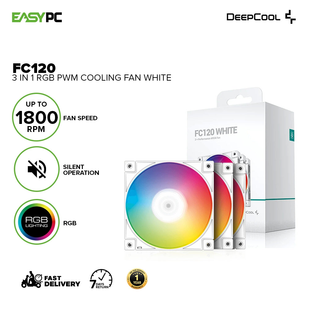 Deepcool FC120 3 in 1 RGB Silent Operation Up to 1800 RPM Fan Speed PWM Cooling Fan White