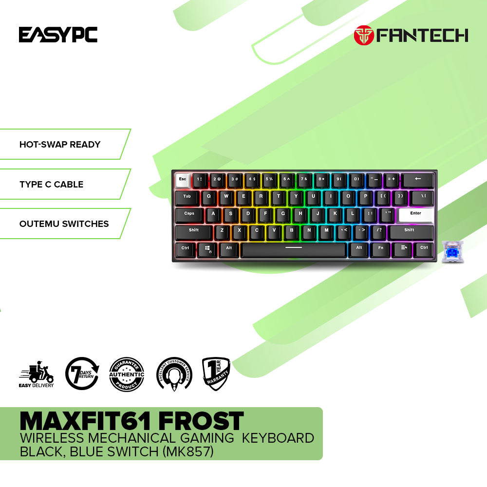 Fantech MAXFIT61 Frost Wireless Mechanical Gaming  Keyboard Black- BLUE Switch (MK857)