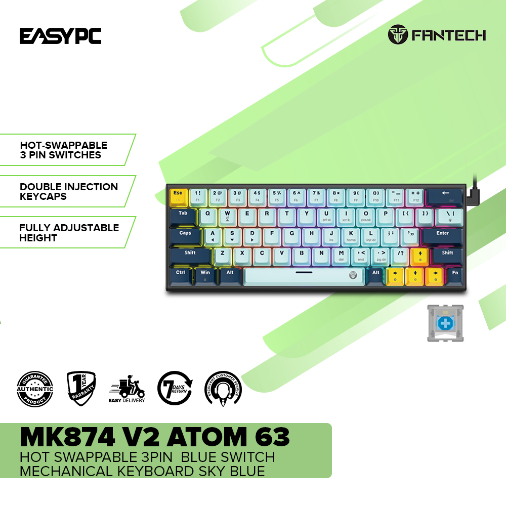Fantech MK874 V2 Atom 63 Hot swappable 3pin Blue switch Mechanical Keyboard Sky Blue