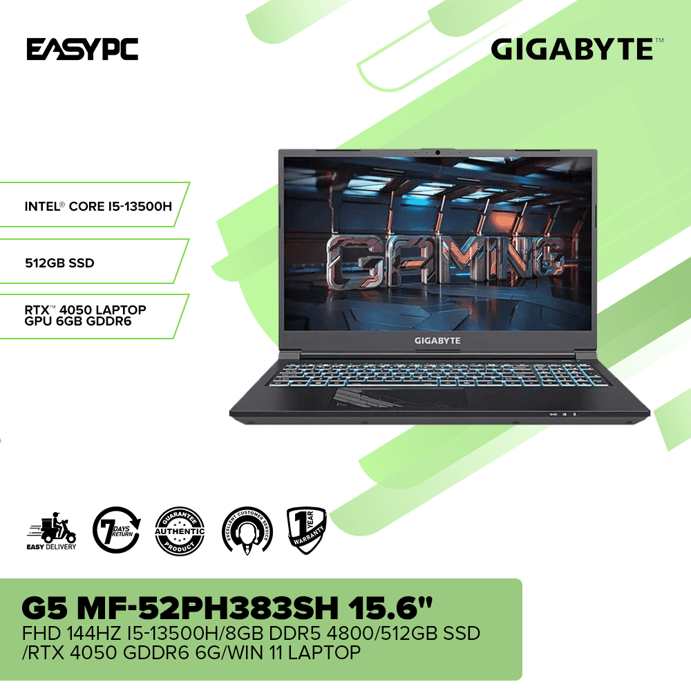 GIGABYTE G5 MF-52PH383SH 15.6" FHD 144Hz i5-13500H/8GB DDR5/512GB SSD/RTX4050 GDDR6 6G/Win 11 Laptop