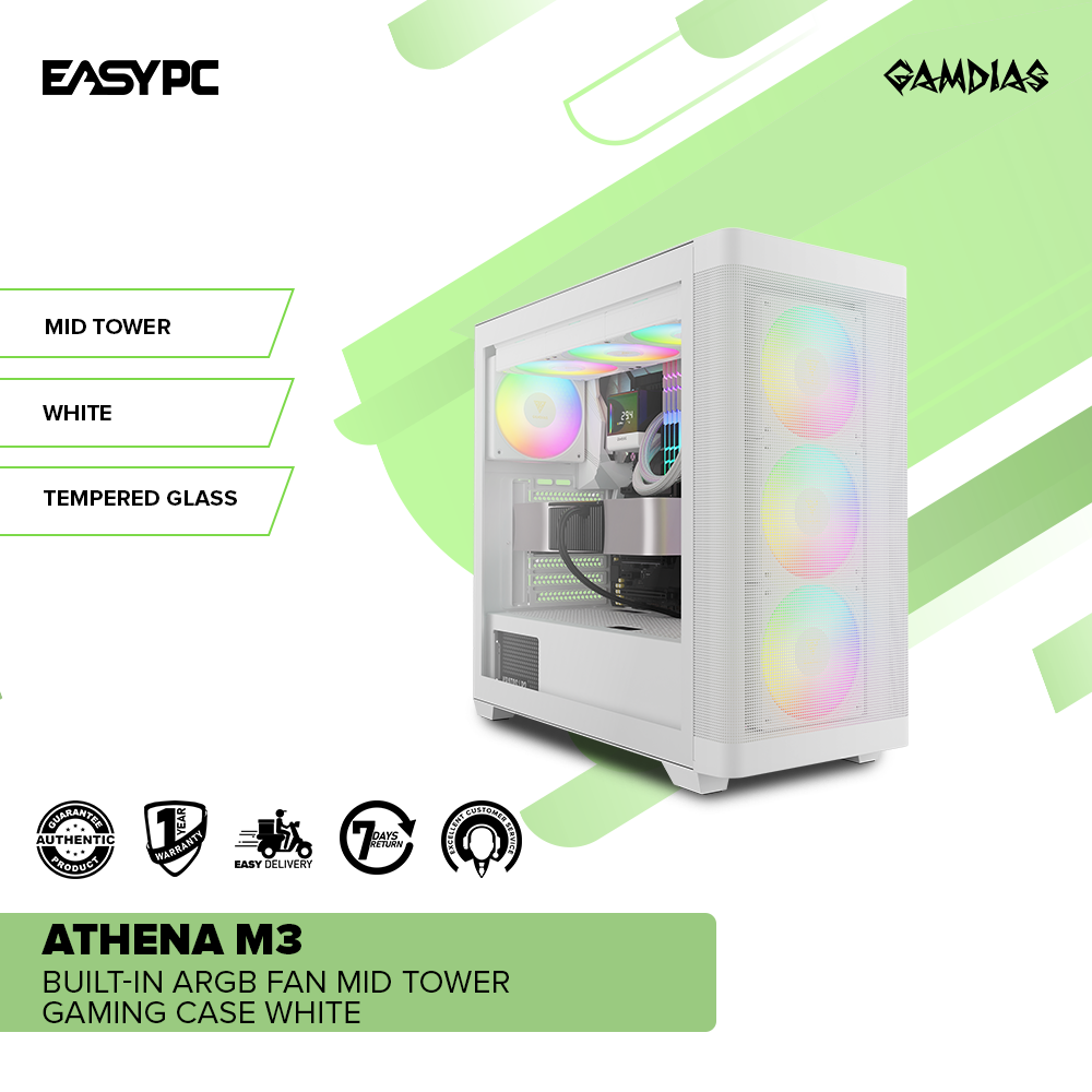 Gamdias Athena M3 Built-in ARGB Fan Mid Tower Gaming Case White