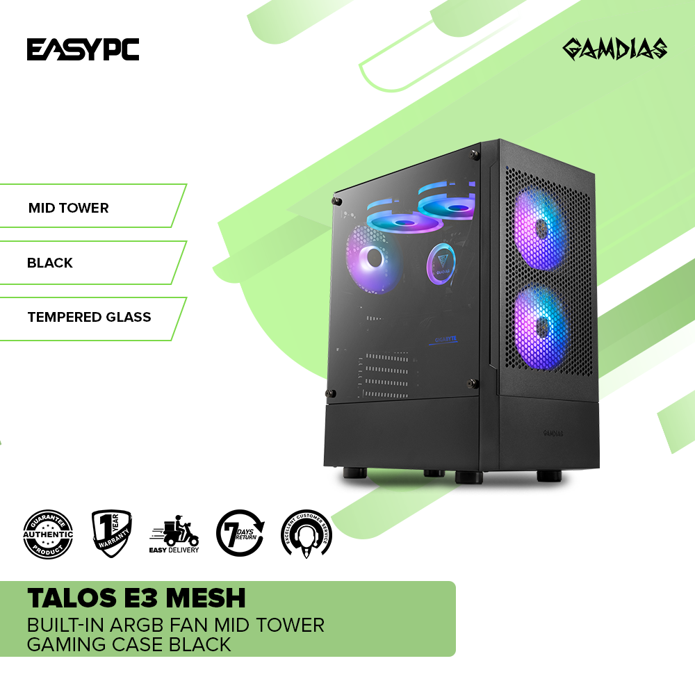 Gamdias Talos E3 Mesh Built-in ARGB Fan Mid Tower Gaming Case Black