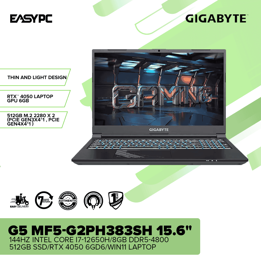 Gigabyte G5 MF5-G2PH383SH 15.6" 144Hz i7-12650H/8GB DDR5-4800/512GB SSD/RTX 4050 6GD6/Win11 Laptop