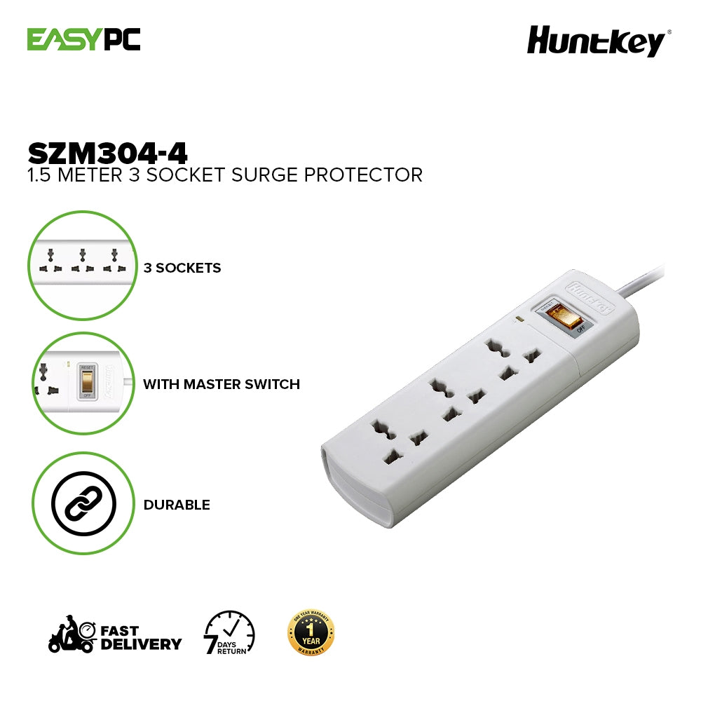 Huntkey SZM304-4 1.5-meter 3 sockets durable with Master Switch Surge Protector