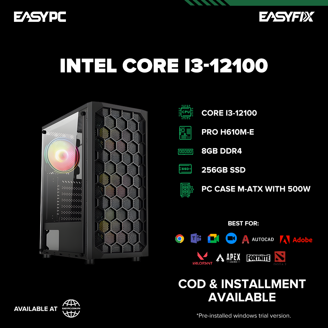 Intel Core i3-12100 / H610M / 8GB DDR4 / 256GB SSD / 500w PSU / M-ATX Case