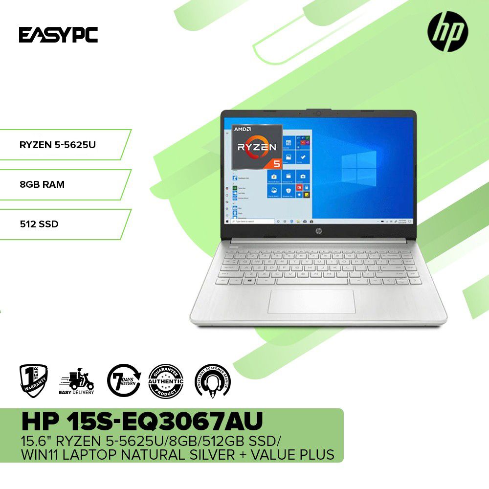 HP 15S-EQ3067AU 15.6" Ryzen 5-5625U/8GB/512GB SSD/Win11 Laptop Natural Silver + Value Plus